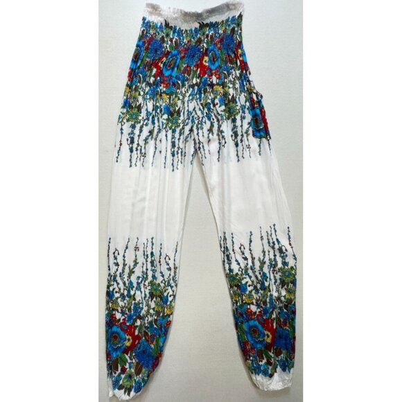 Elepants Women's Boho Harem Hippie Pants Cold Wash White Blue Floral Stretch - Picture 2 of 16